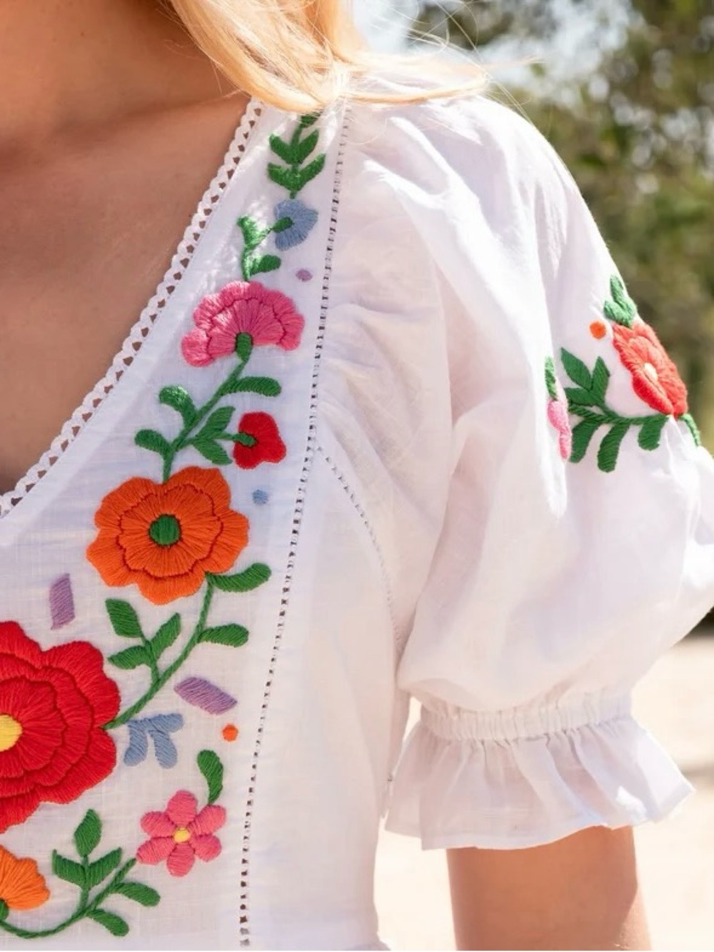 Urban Outfitters White Embroidered Boho Maxi Dress Floral Smocked 100% Cotton - Picture 6 of 16